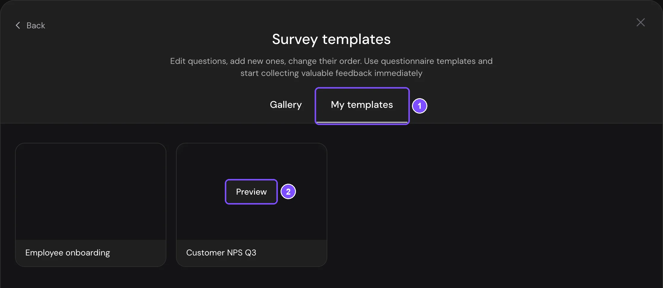 The My templates tab in the Survey templates window with the Preview button on a template