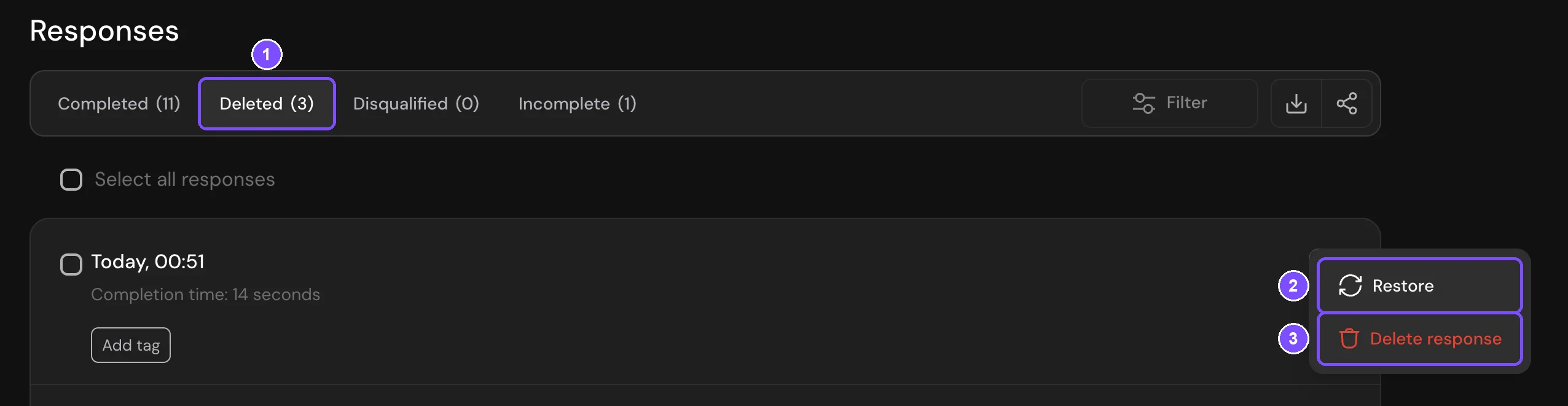 Deleted tab with the card menu: Restore and Delete response