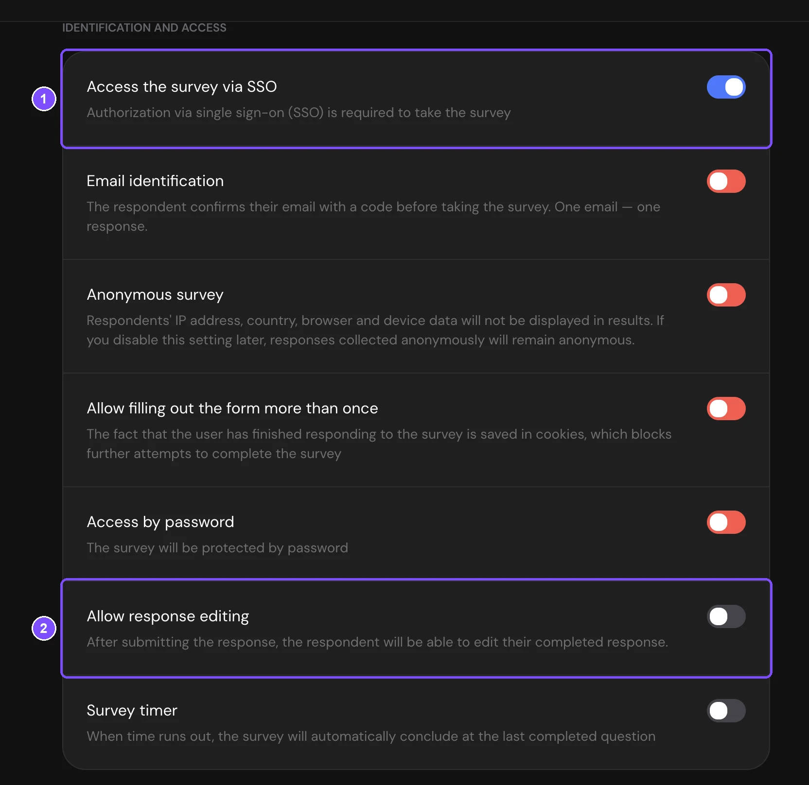 Survey settings with Access the survey via SSO turned on