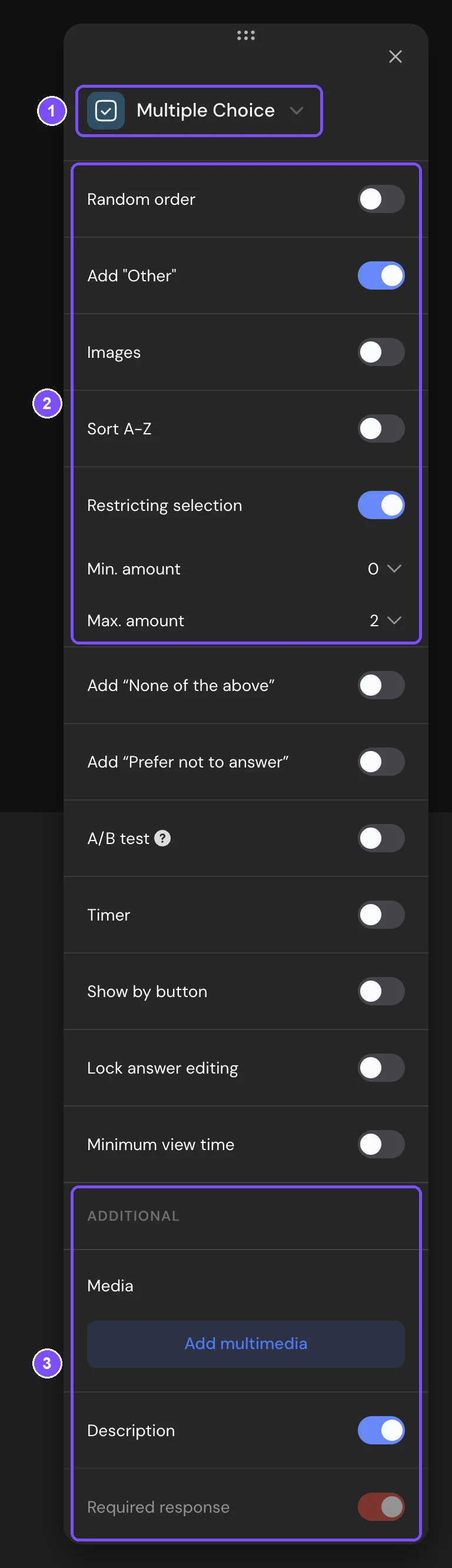 Multiple Choice settings with the type list, the settings of this type and the Additional section