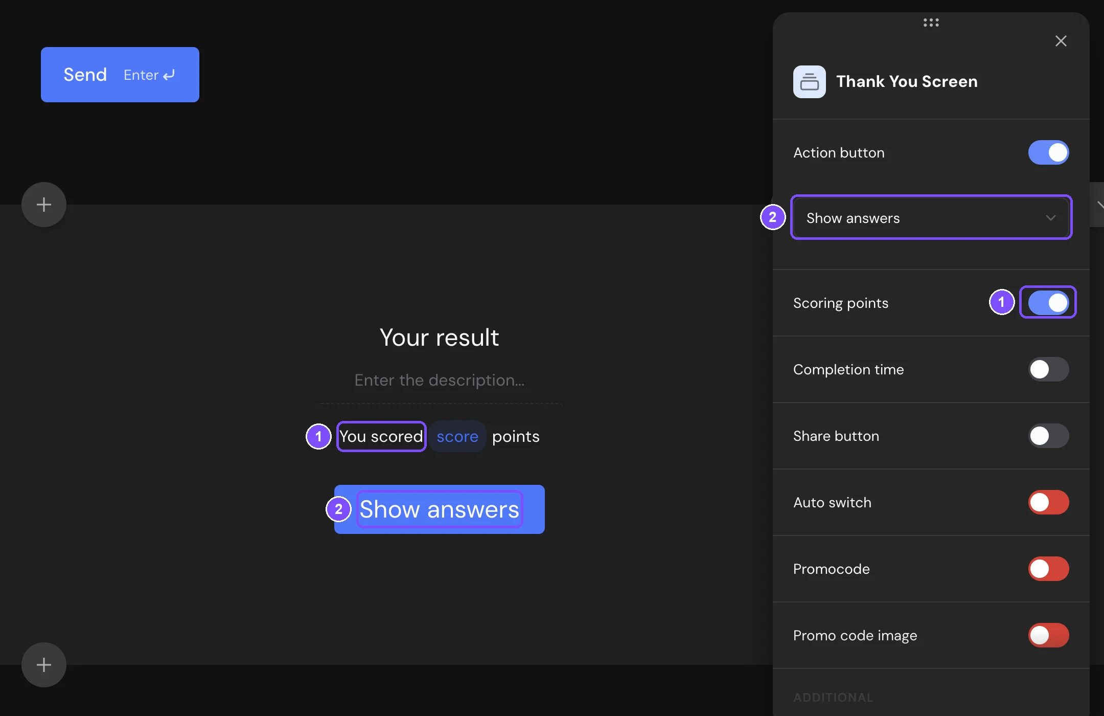 Thank You Screen in the builder with the You scored points line and its settings: Scoring points and the Action button set to Show answers