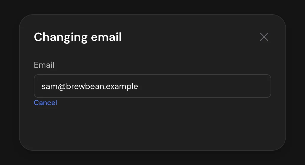 Changing email window with the new address waiting for confirmation and the Cancel link