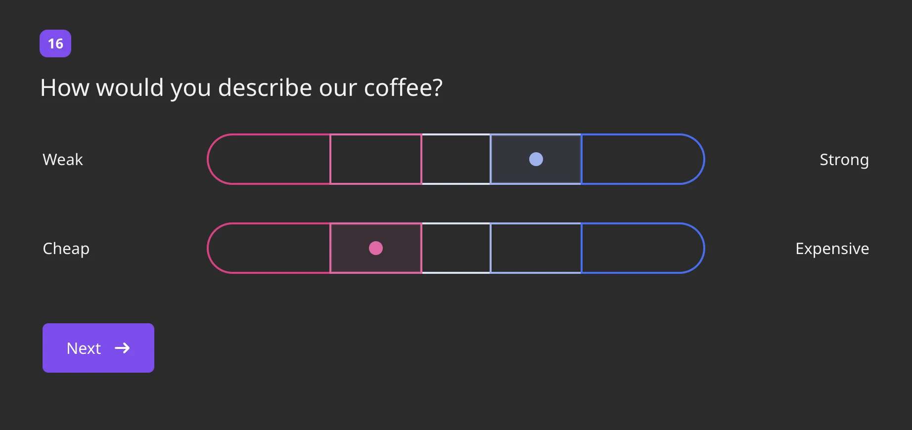 A semantic differential question in the survey with two rows of segments and a point chosen in each