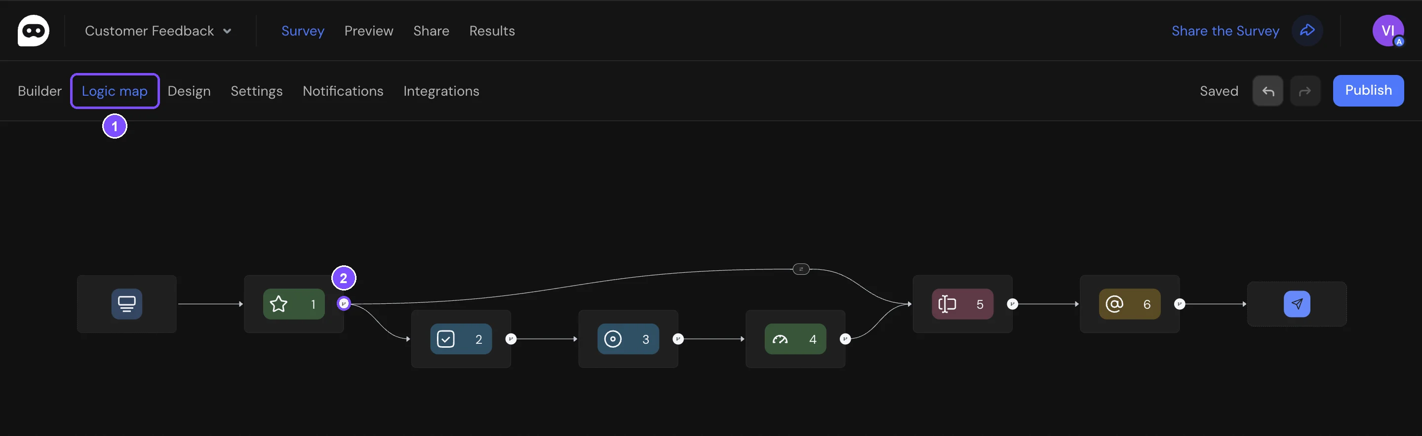 Logic map with branches and the Logic button on a question
