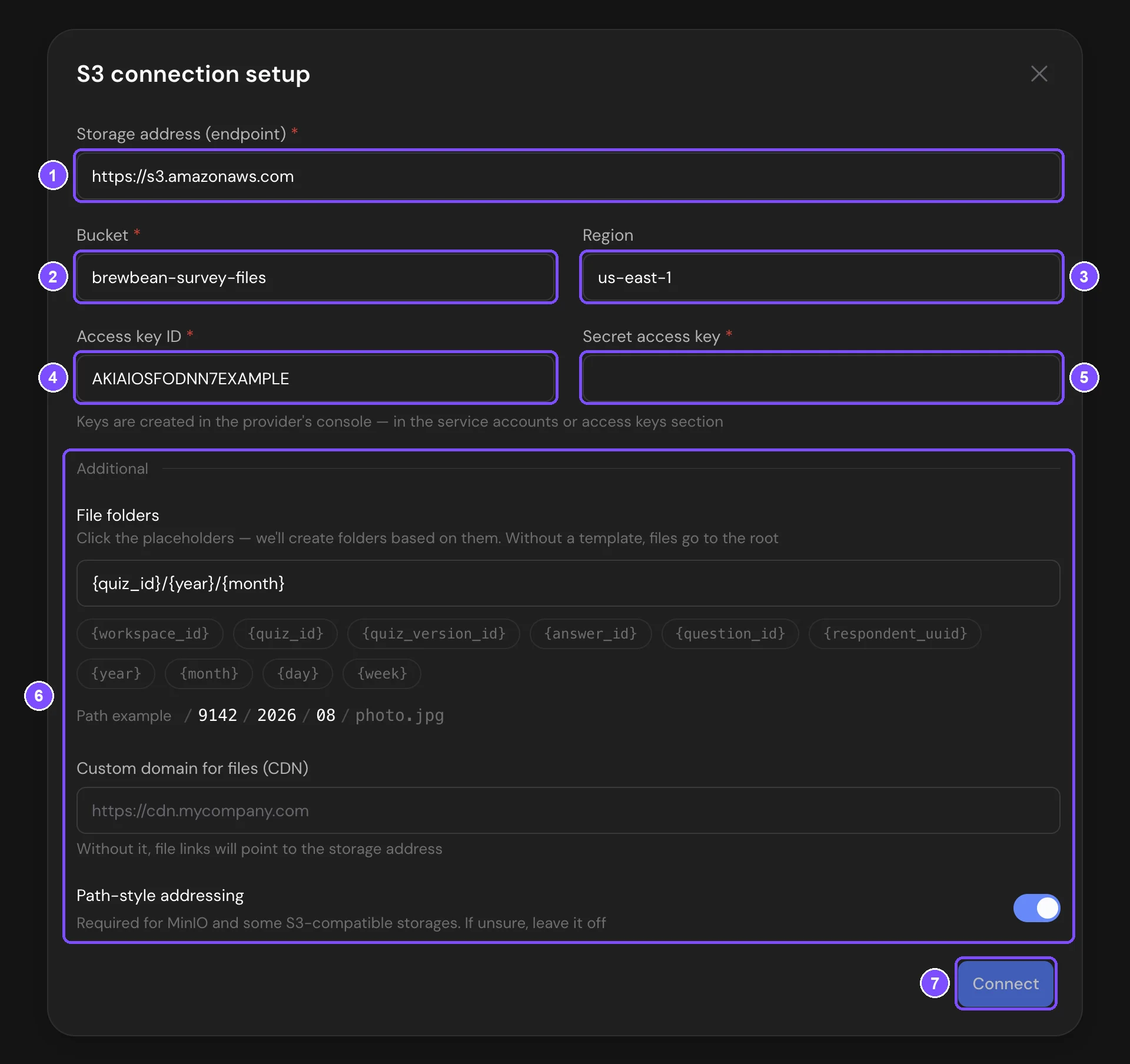 S3 connection setup window with the endpoint, bucket, region and key fields and the Additional options