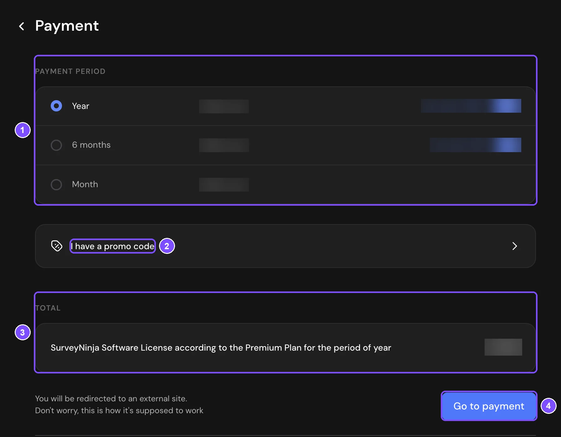 Payment step with payment period, promo code and Total