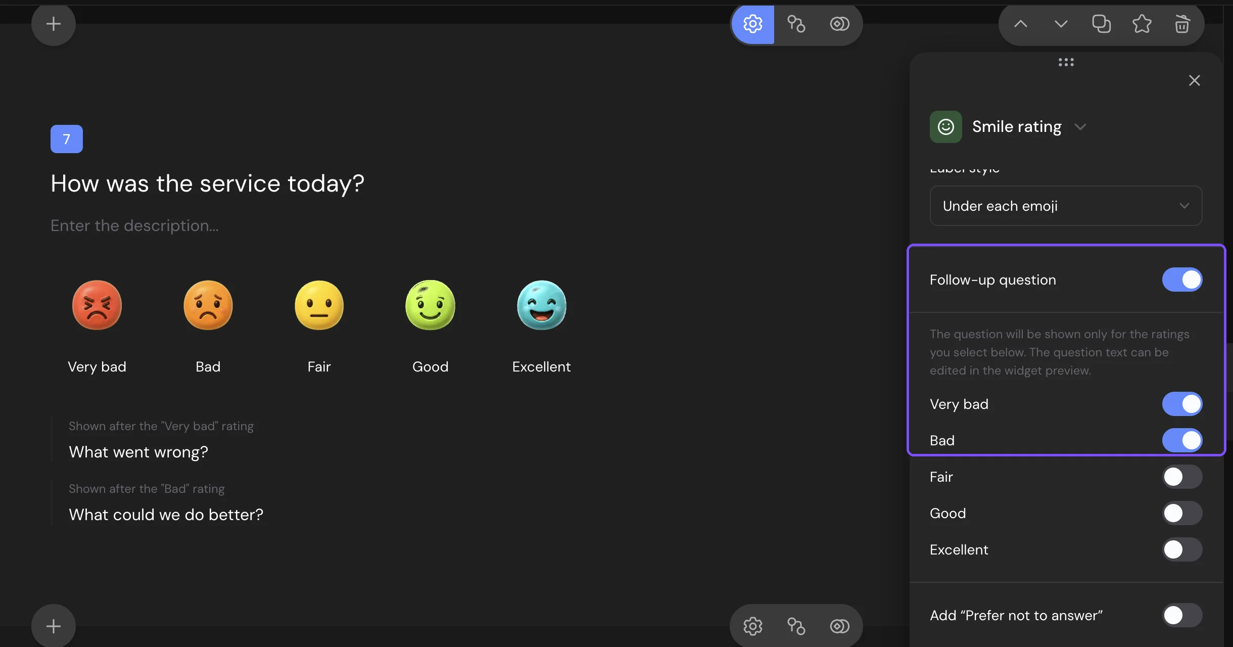 A Smile rating question in the builder with its settings: Icons, Steps, Labels, Label style and Follow-up question with switches for each face