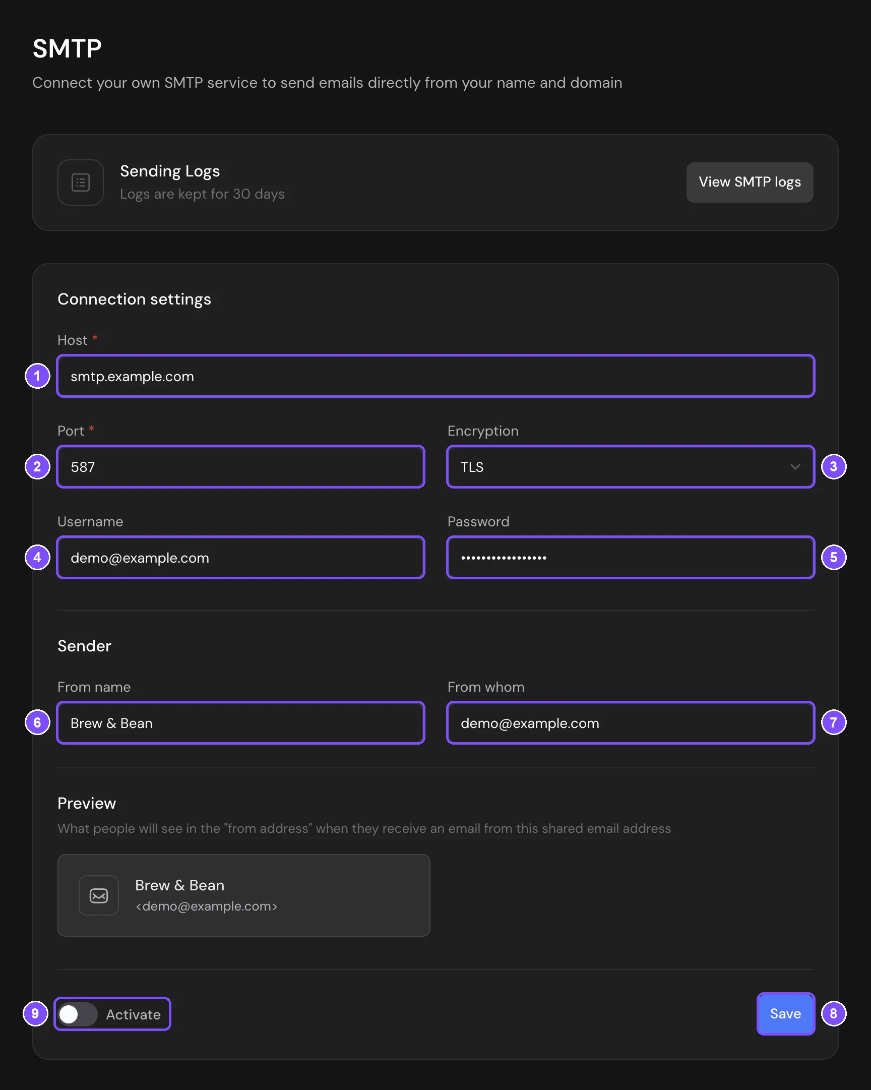 SMTP settings with the connection fields, the sender block and the switch