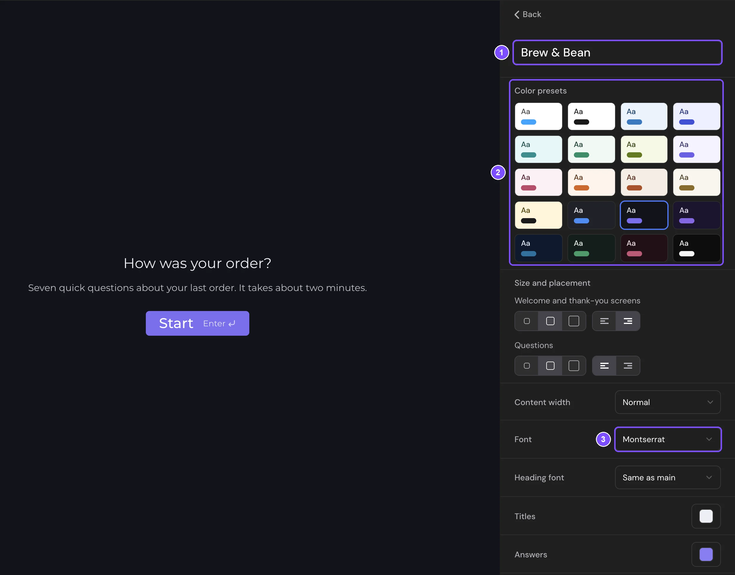Theme editor with the theme name, Color presets, Size and placement, Content width and Font