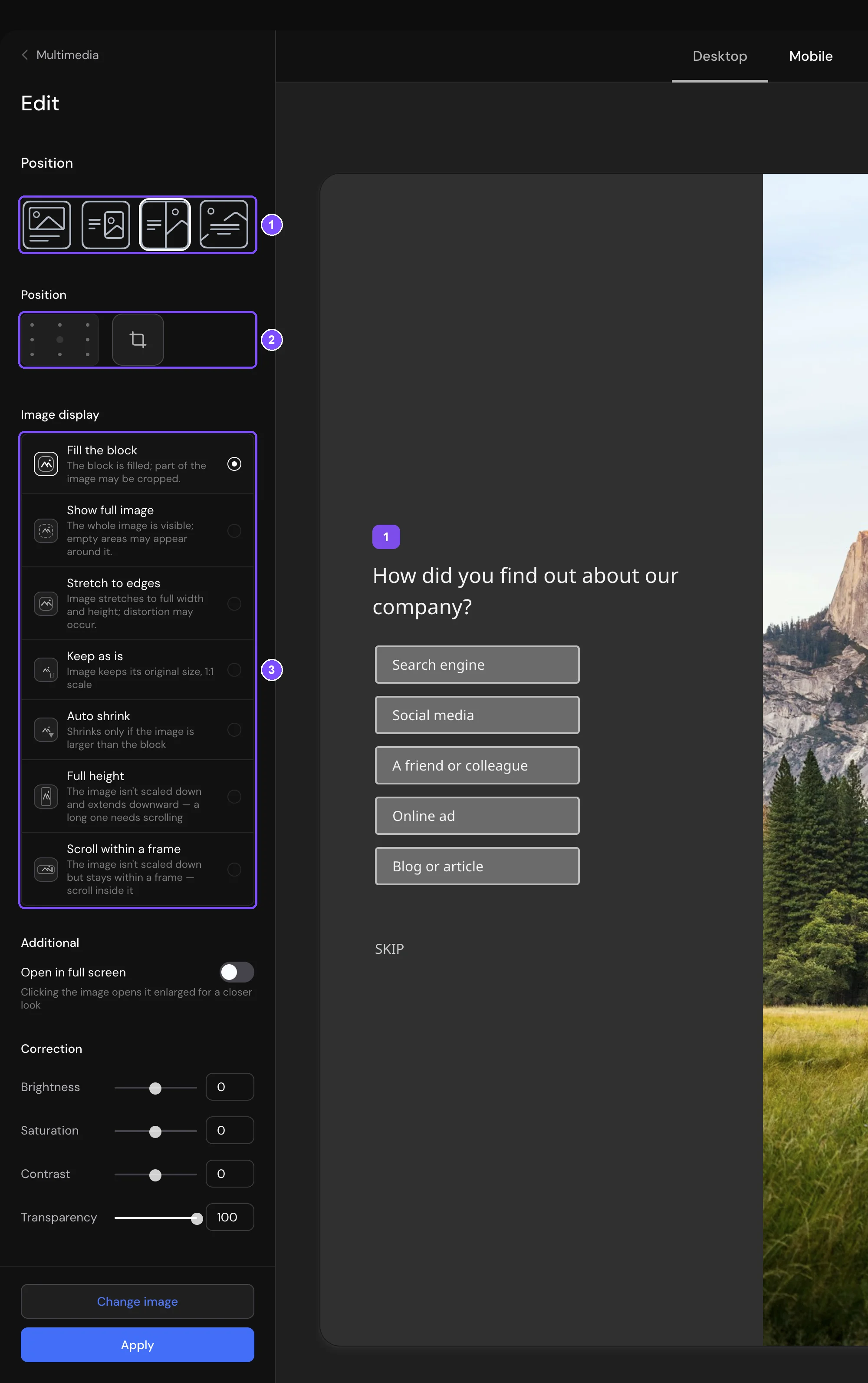 The Edit screen with the Position, Image display, Additional and Correction settings and the Desktop preview