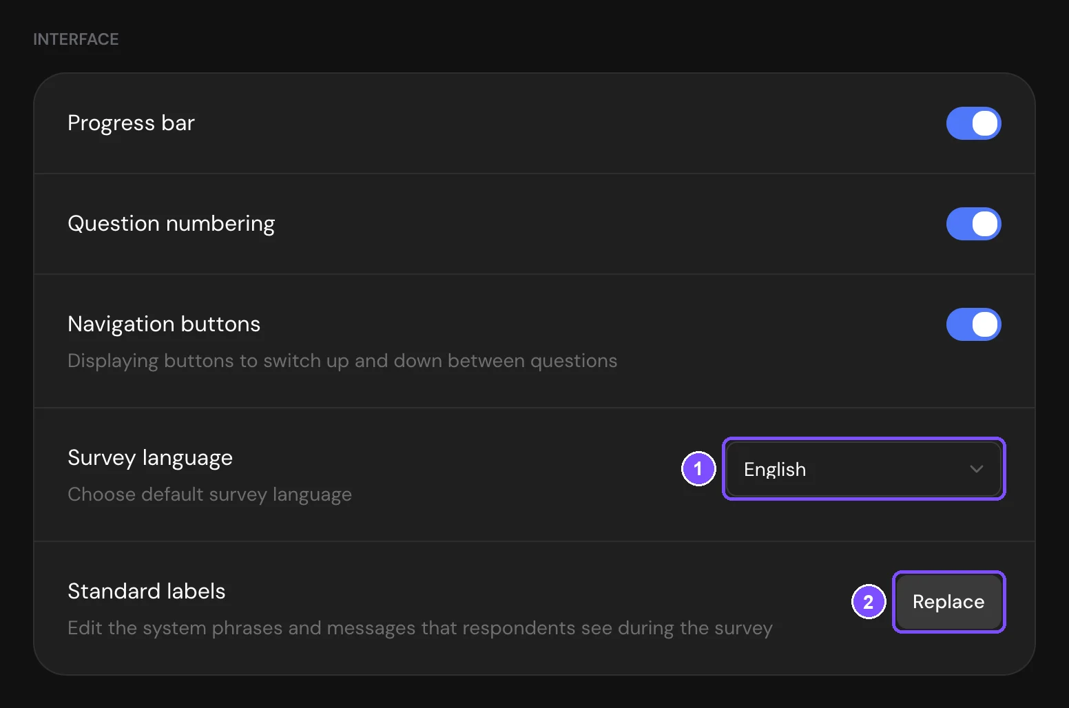 Interface section of the survey settings with the Survey language list open and the Standard labels row
