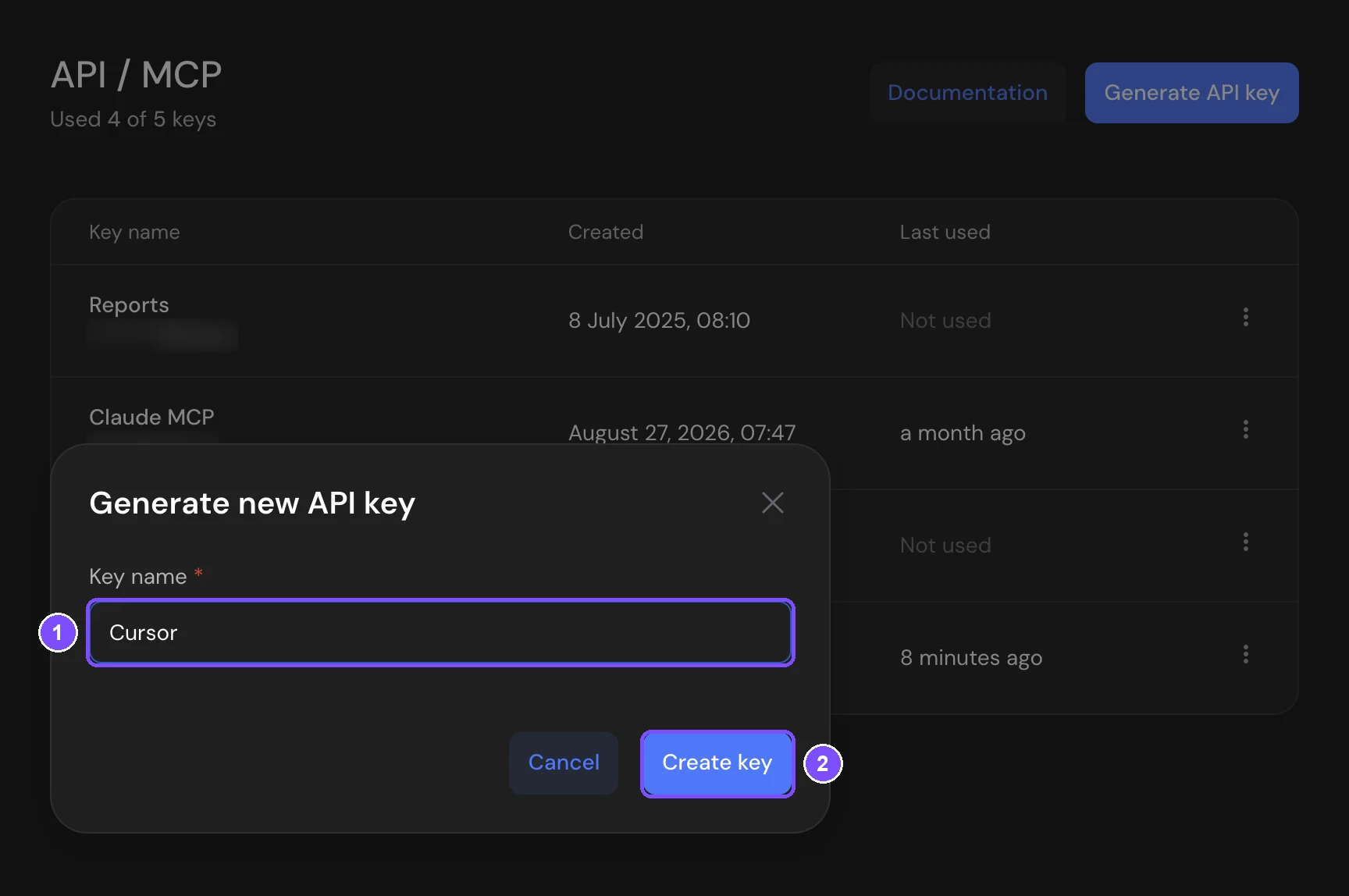 Generate new API key window with the Key name field and the Create key button