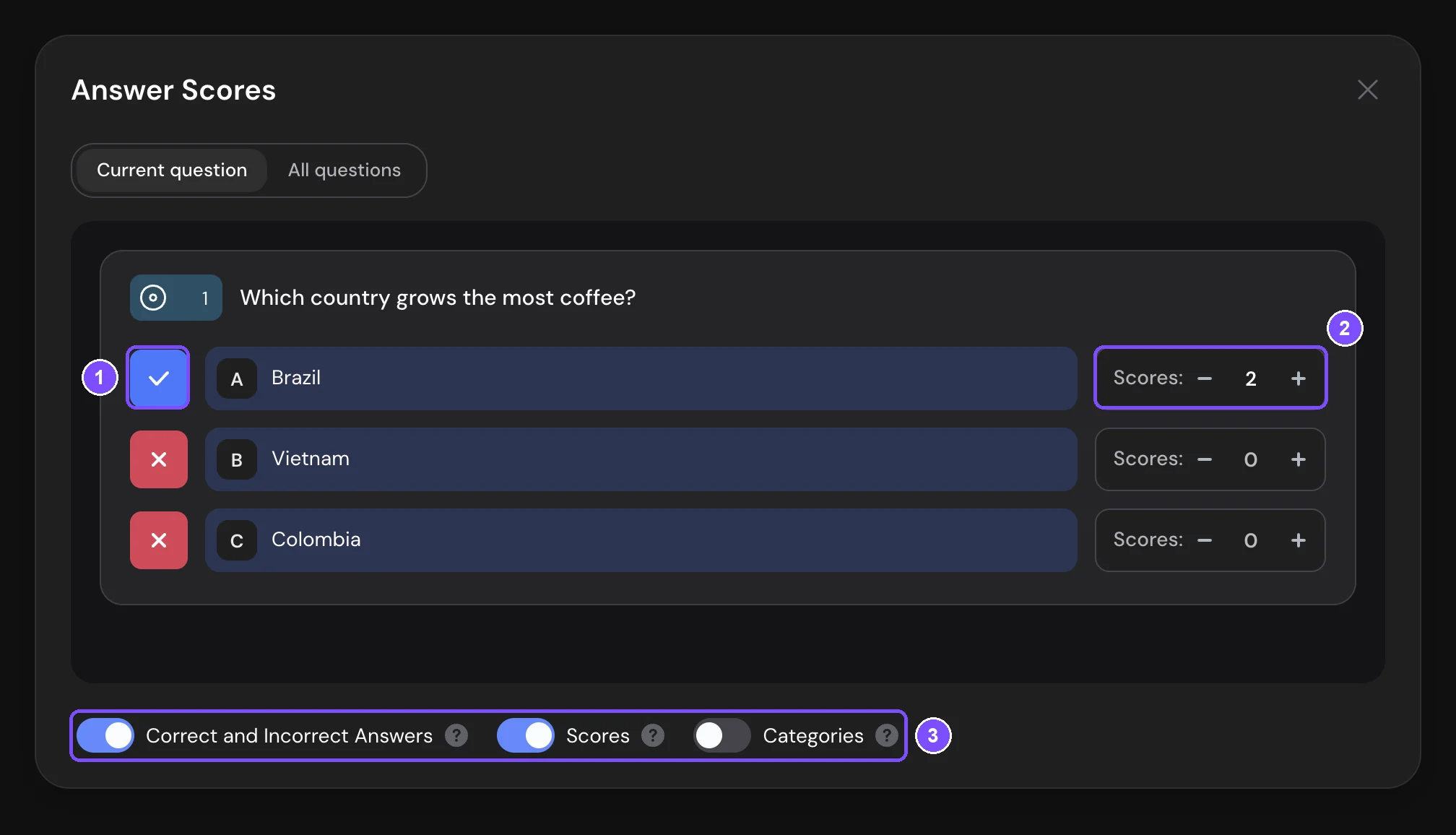 Answer Scores window on the Current question tab with the correct answer marker, the Scores fields and the mode switches