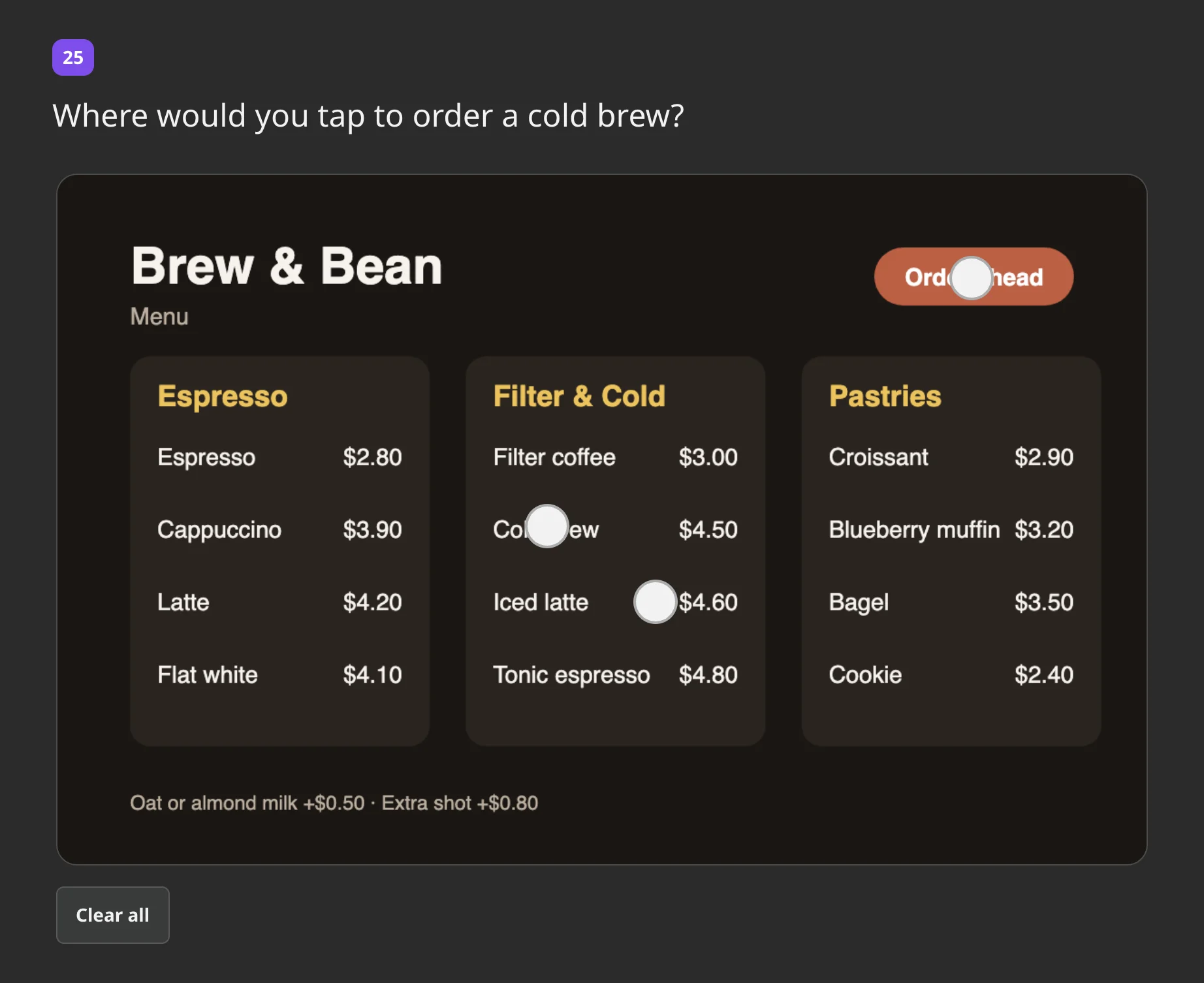 Click Test on a café menu with three marked points and the Clear all button