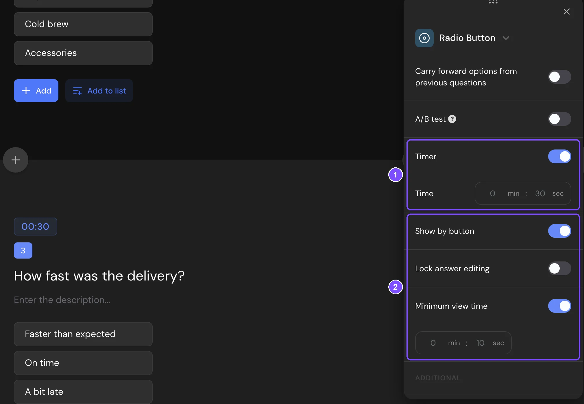 Radio Button question settings with Timer set to 0:30, Show by button and Minimum view time turned on