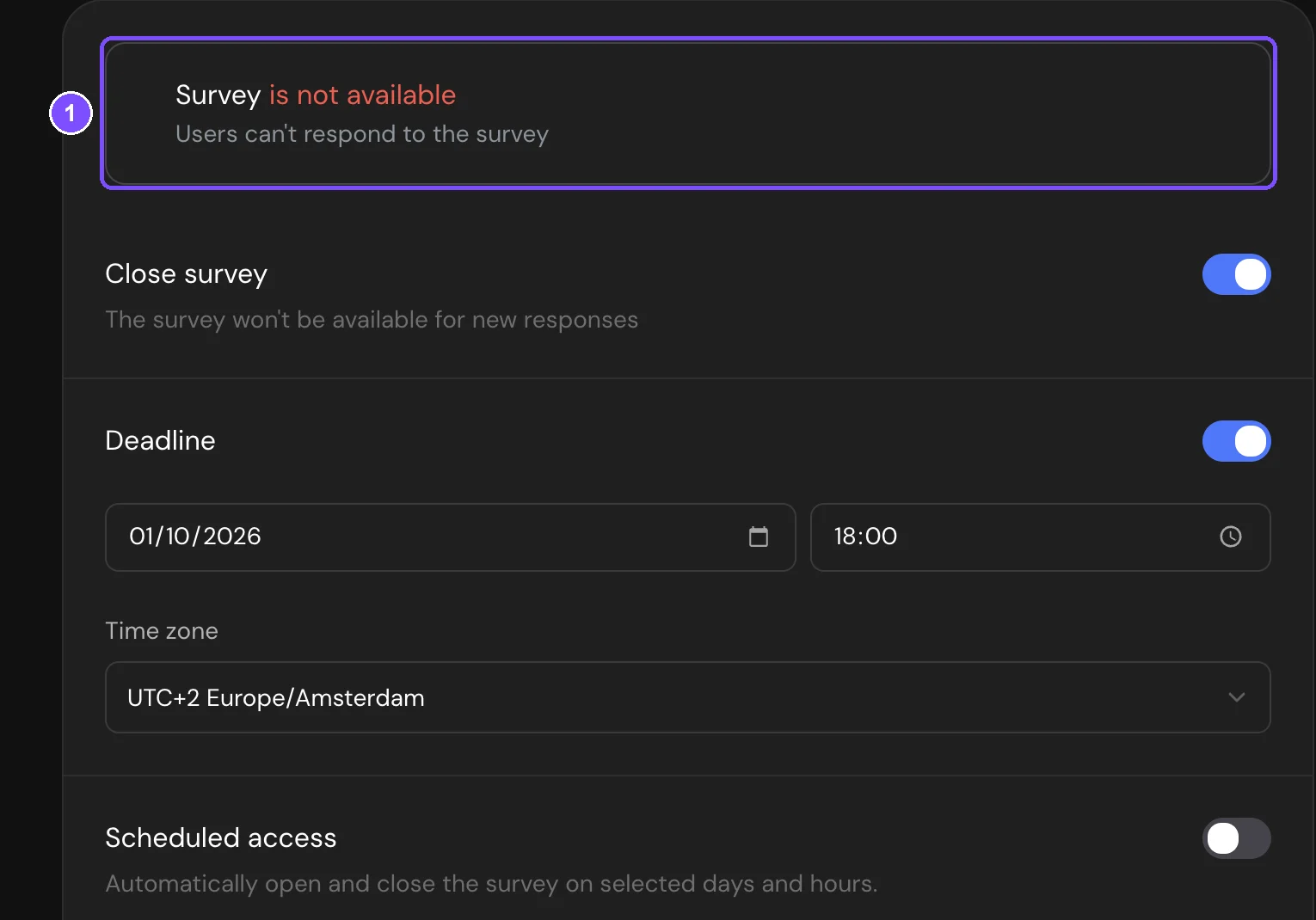 Publication and availability group with the Survey is not available status, Close survey turned on and a past Deadline