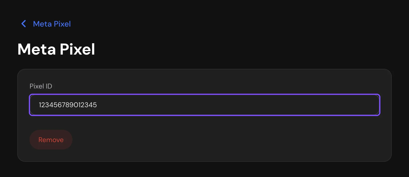 Meta Pixel settings with the Pixel ID field and the Remove button