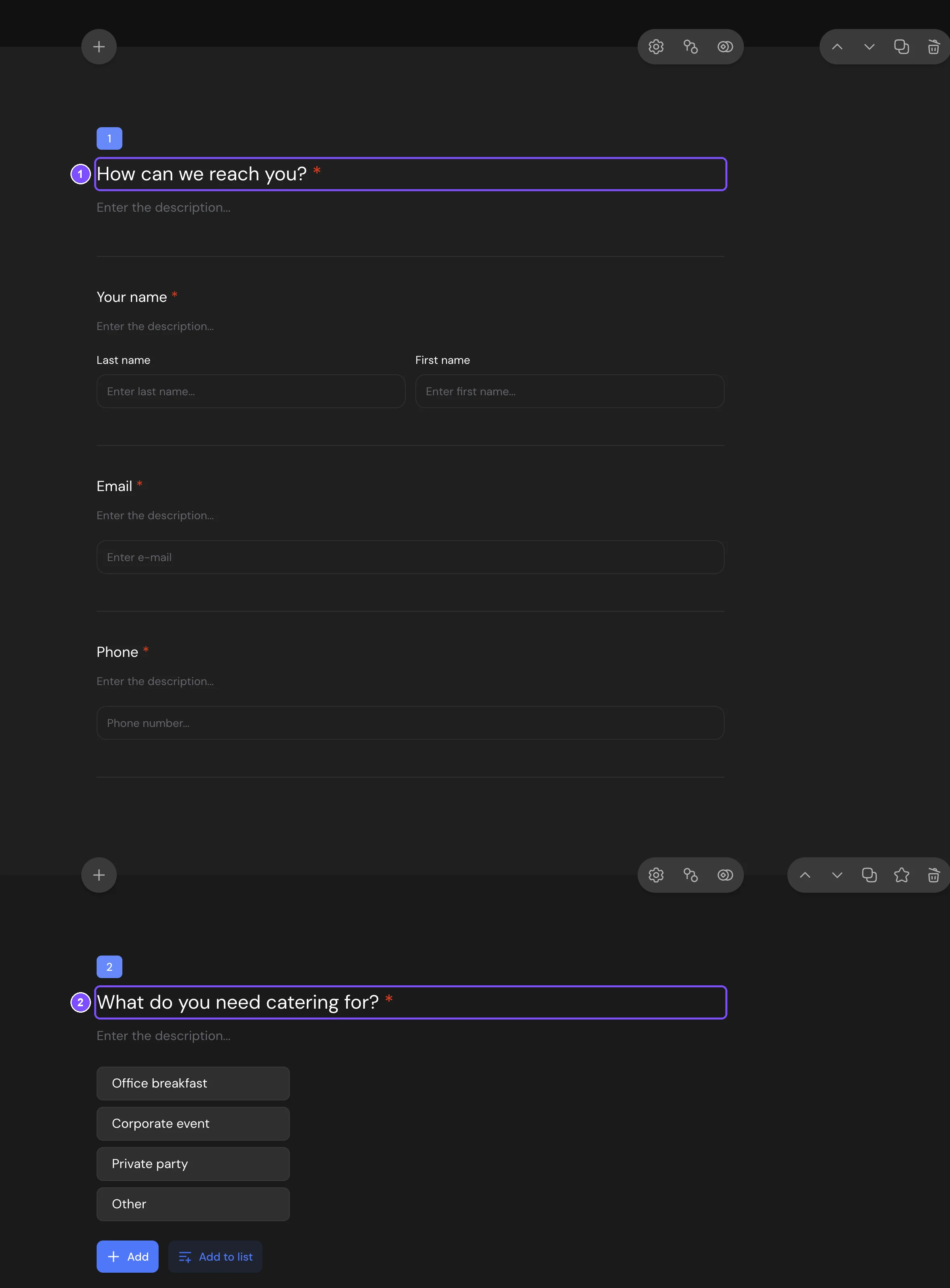 Lead form in the builder: a Question Group with Full name, Email and Phone Number, and a Radio Button question