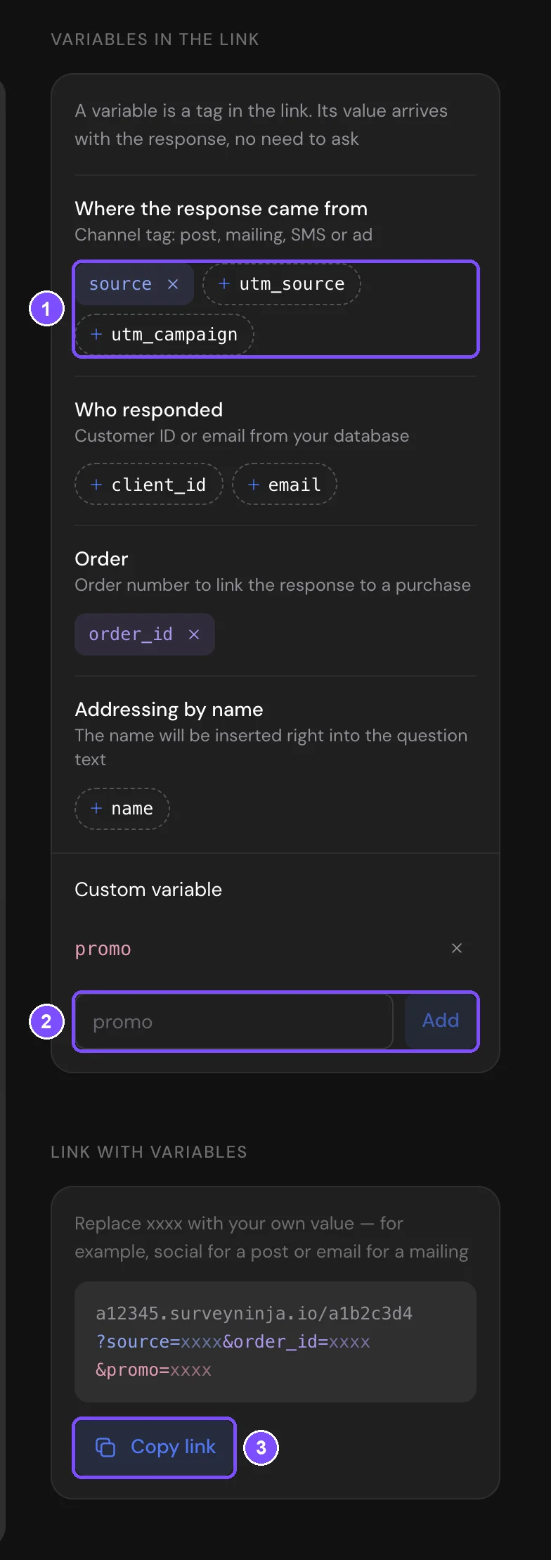 URL parameters page with ready-made variables, the custom variable field and the Copy link button