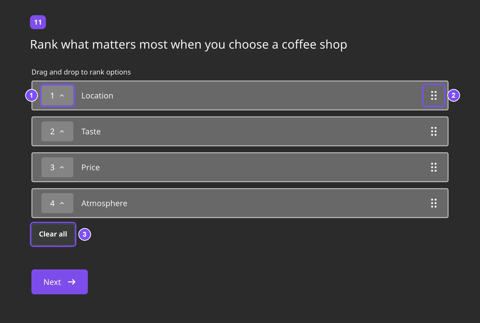 A ranking question in the survey with place numbers, drag handles and the Clear all button
