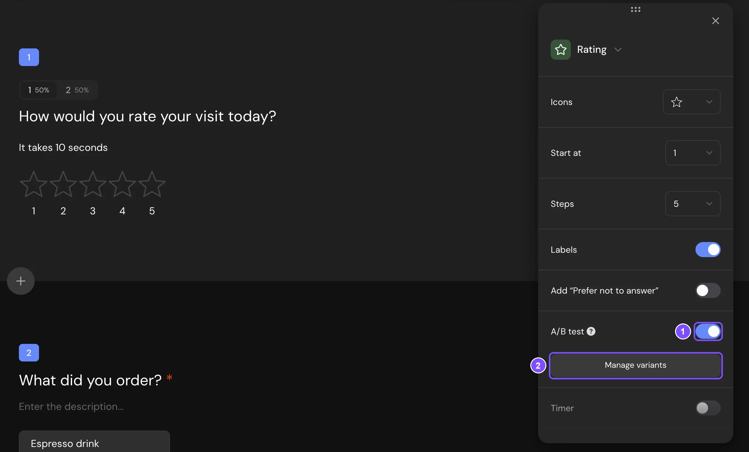 Question settings panel with the A/B test switch turned on and the Manage variants button