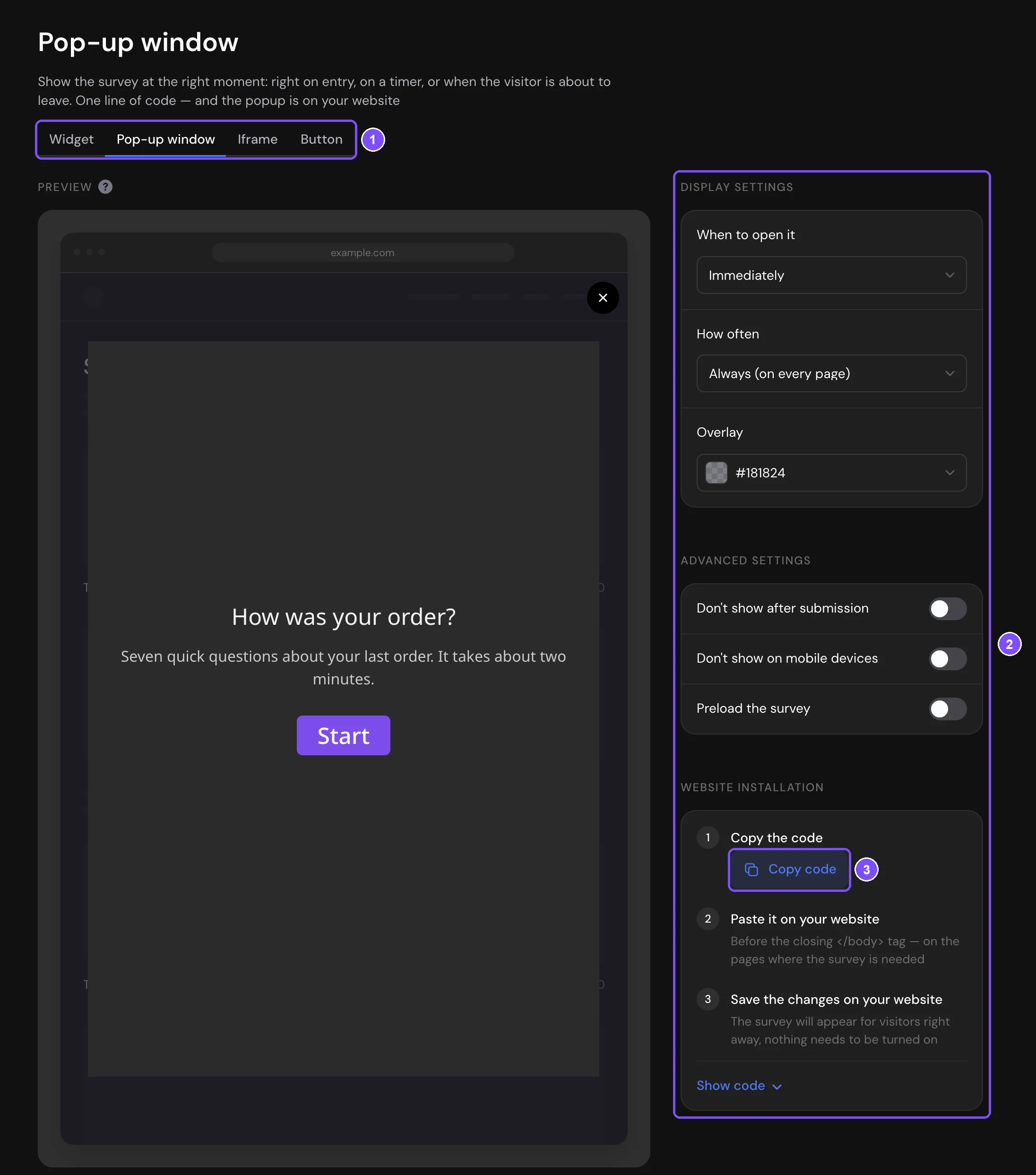 On website section with embed methods, settings and the Copy code button