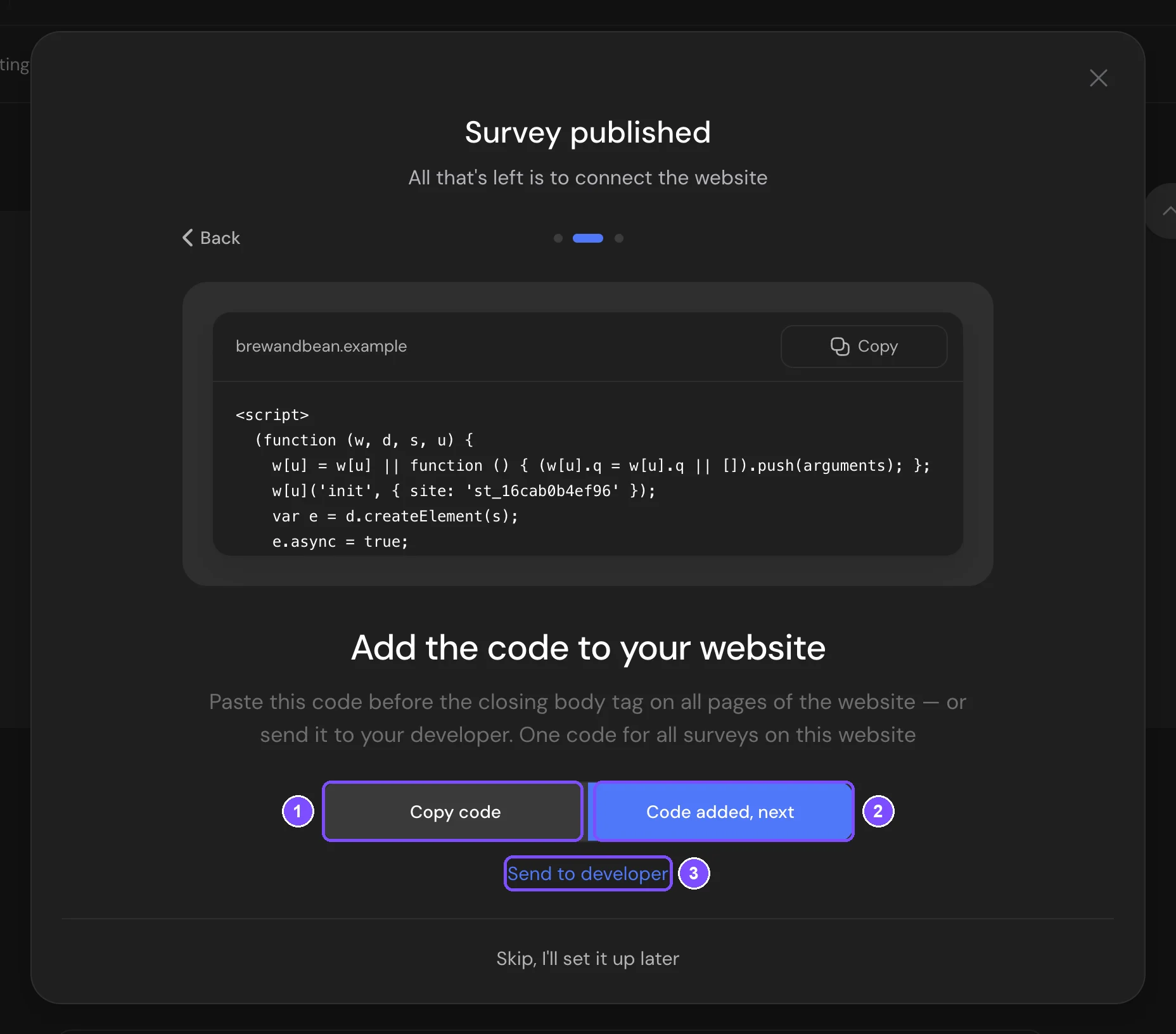Add the code to your website step with the code, Copy code, Code added next and Send to developer
