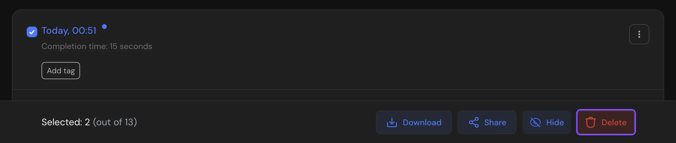 Bottom bar with the number of selected responses and the Delete button