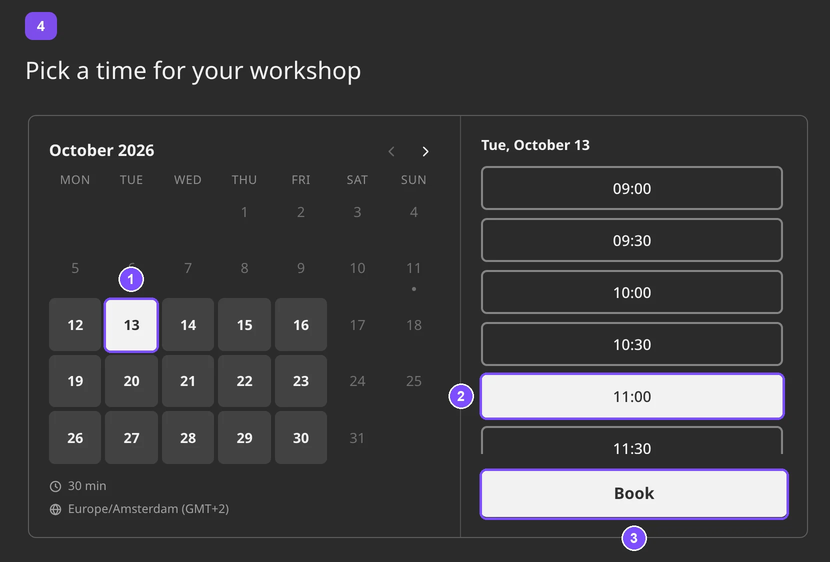 Booking question in the survey with a selected date, a selected time and the Book button