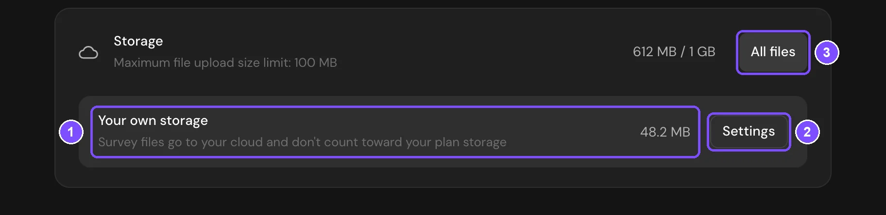 Storage block on the Billing page with the Your own storage line and the Settings button