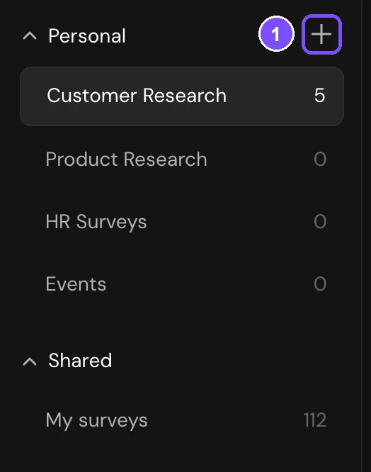 Left panel with the Personal and Shared lists of workspaces and the + button next to Personal