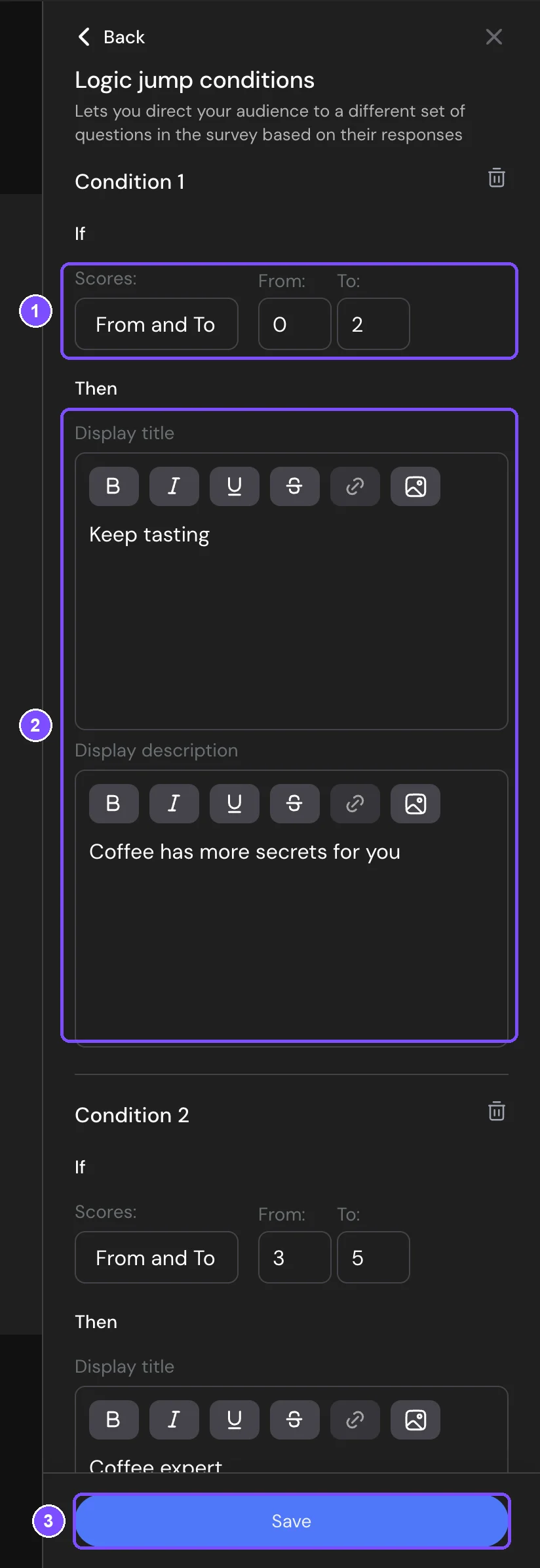 Logic jump conditions for the Thank You Screen with a From and To score range, the title and description, and the Save button