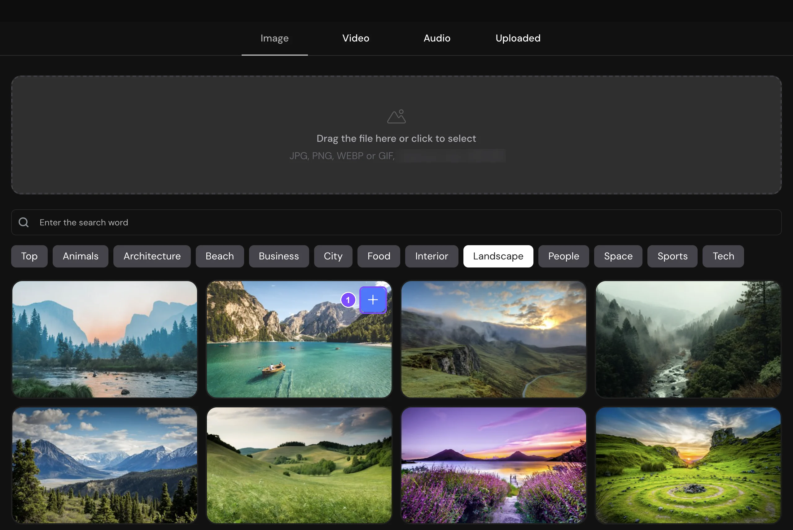 The media library: the Image, Video, Audio and Uploaded tabs, the upload area, search, categories and images