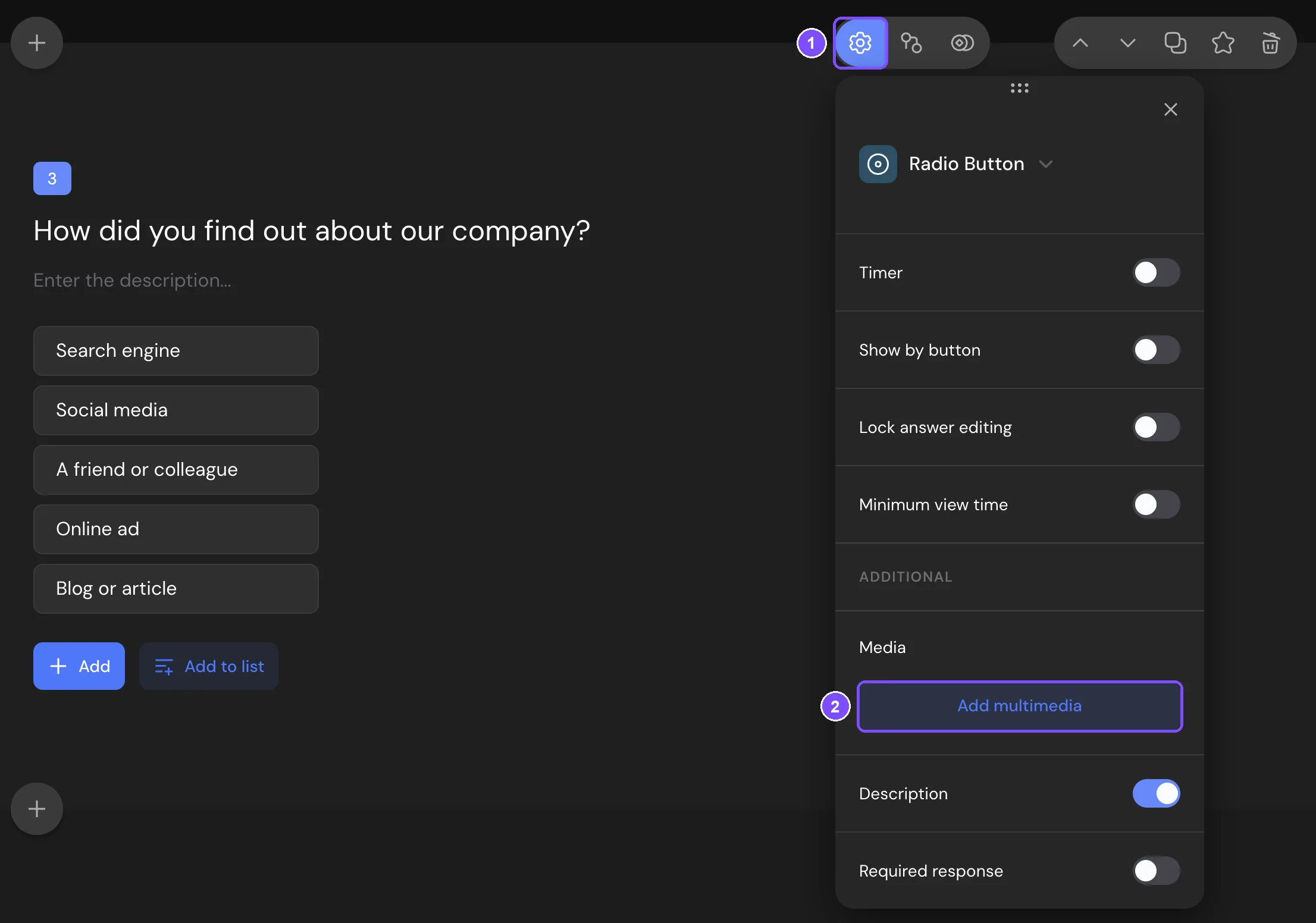 Radio Button settings opened with the gear icon, with the Add multimedia button in the Additional section