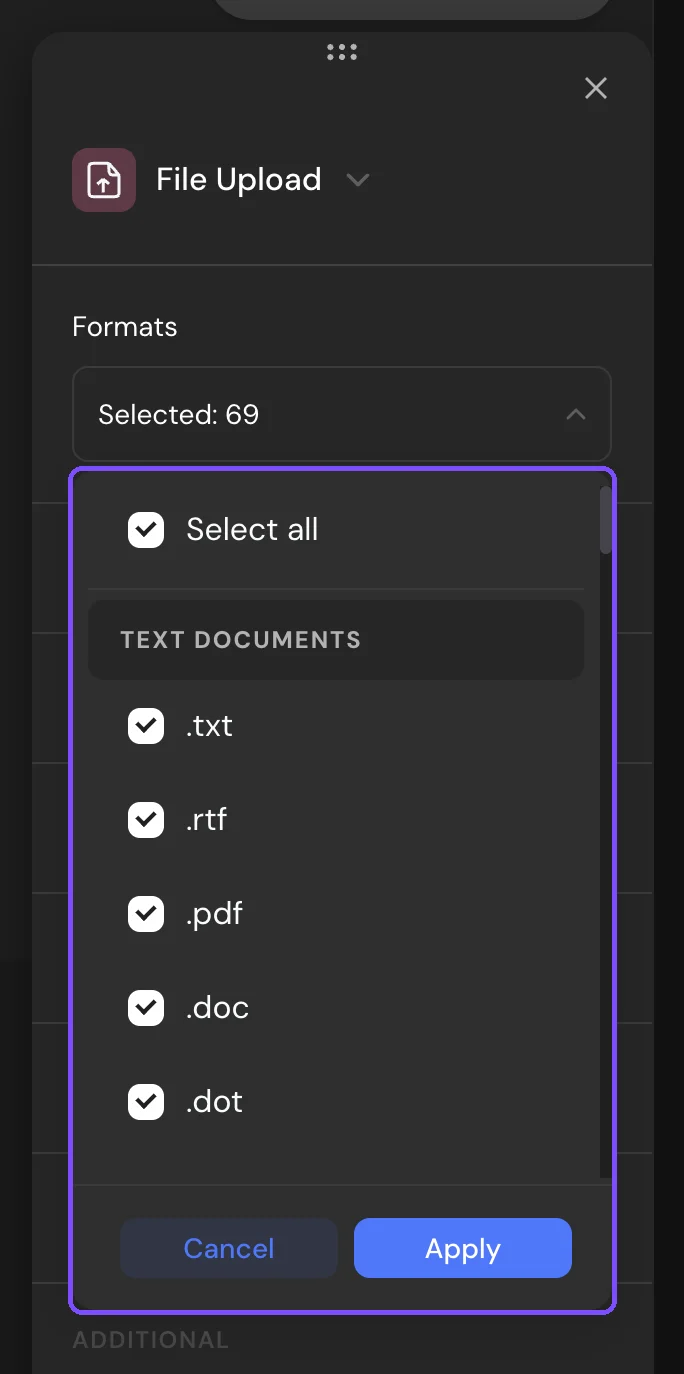 File Upload settings with the Formats list open: all formats selected, grouped by type