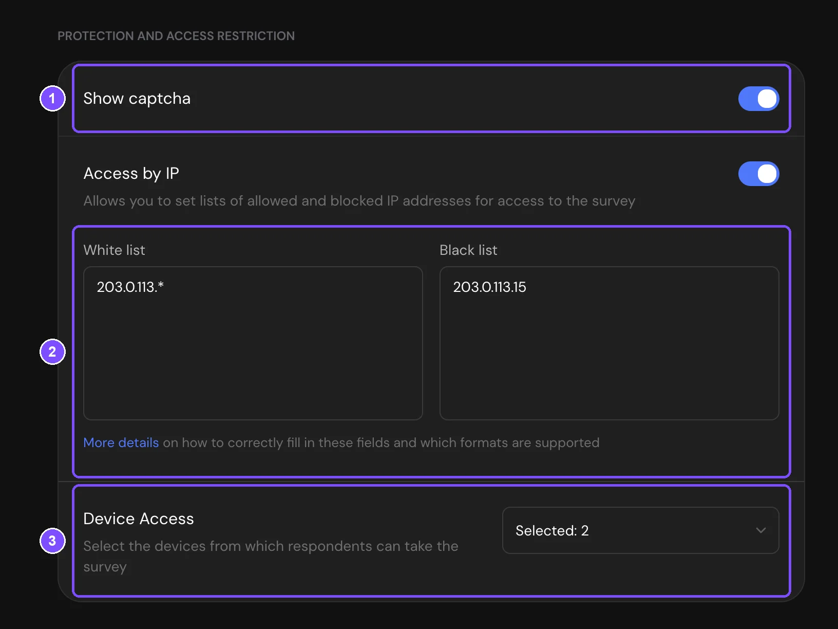 Protection and access restriction group with Show captcha, the White list and Black list fields and Device Access