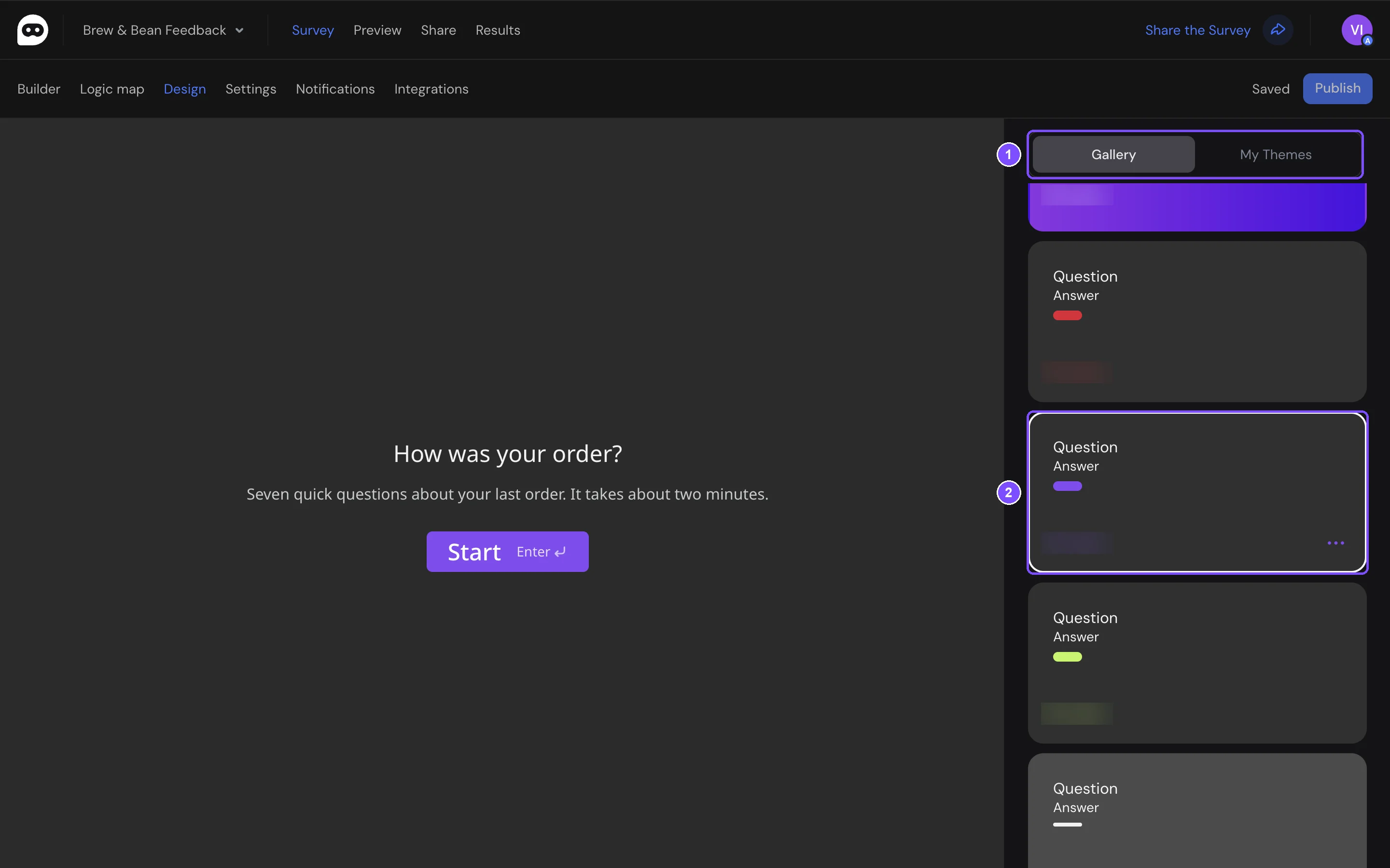 Design tab with the survey preview on the left and the Gallery and My Themes tabs with theme cards on the right