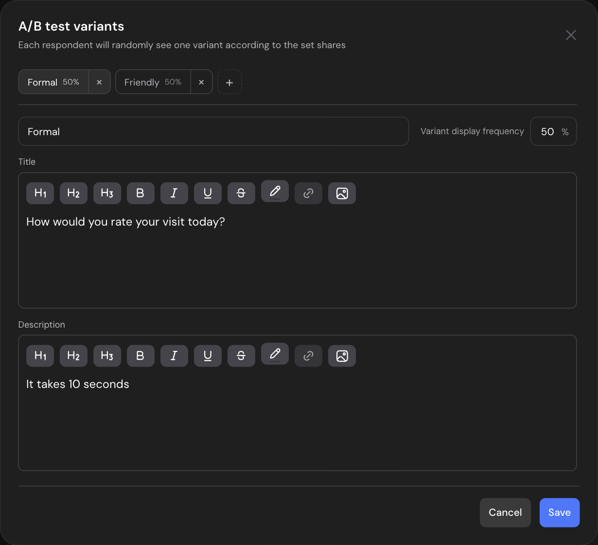 Adding a third variant in the A/B test variants window: the shares change to keep 100% in total