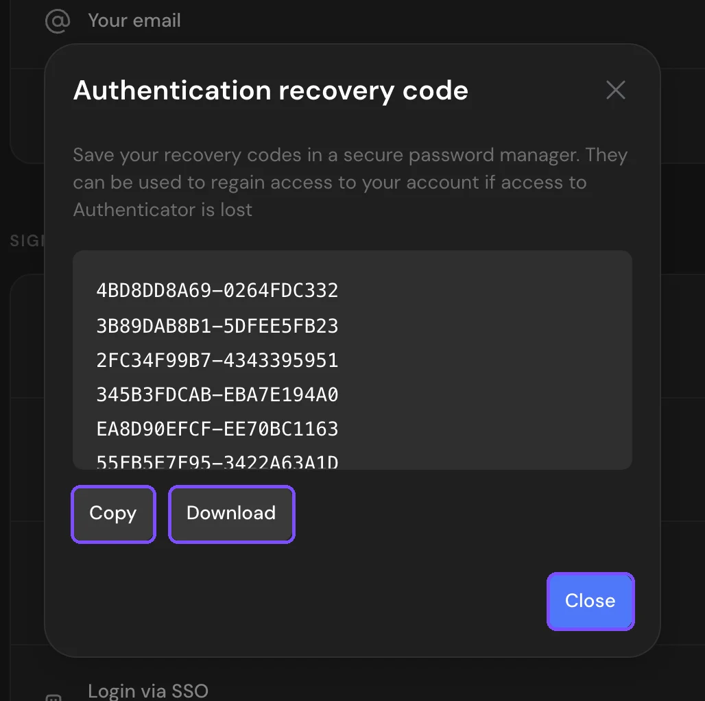 Authentication recovery code window with eight recovery codes and the Copy, Download and Close buttons