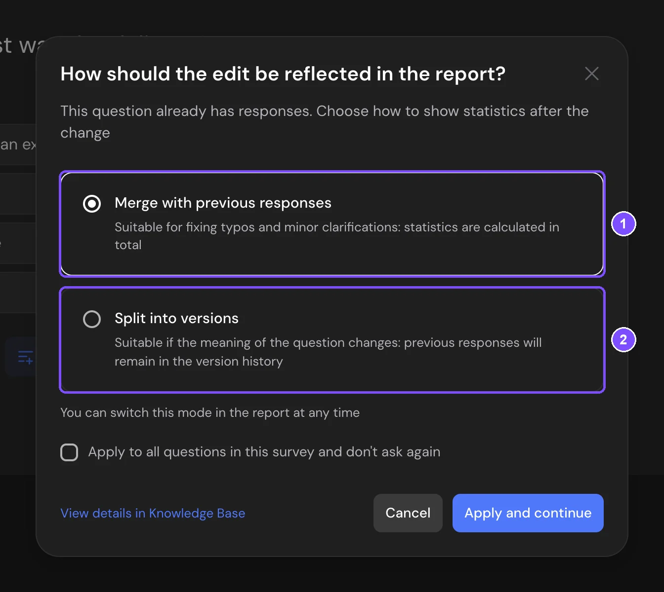 Window asking whether to merge the edit with previous responses or split it into versions