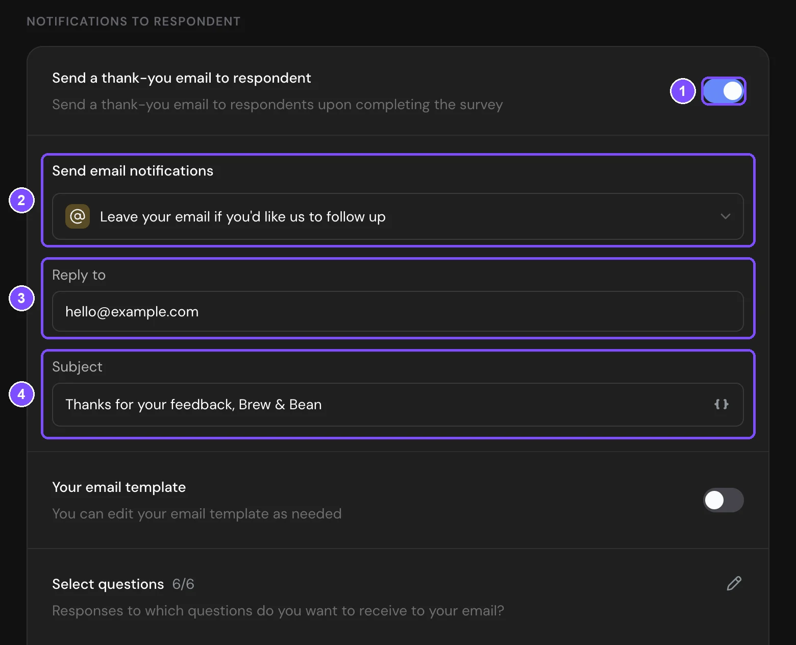Notifications to respondent with the thank-you email switch, the Email question as the address source, Reply to and Subject