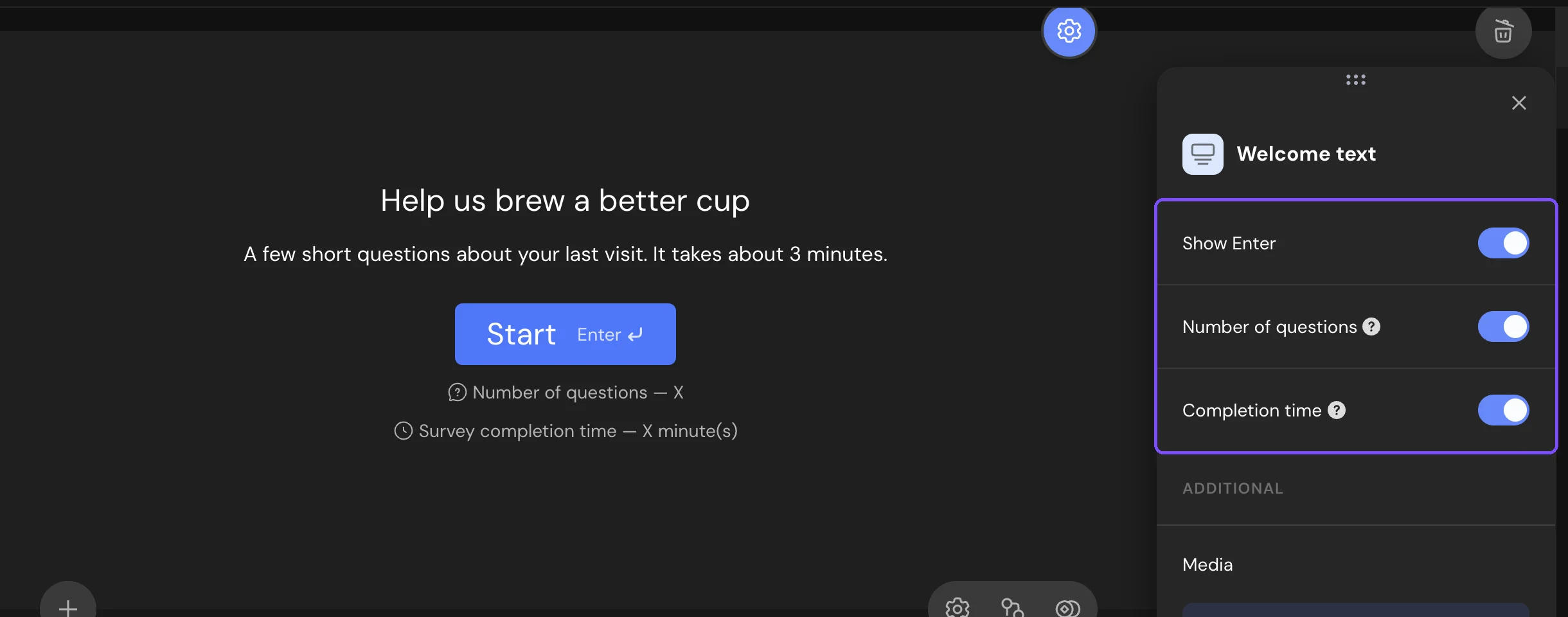 Welcome Screen settings with Show Enter, Number of questions and Completion time