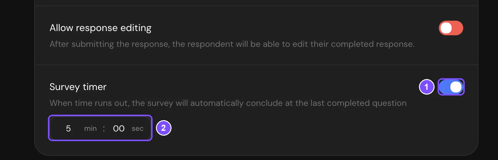 Survey timer switch turned on with 5 min 00 sec, and the Allow response editing switch above it