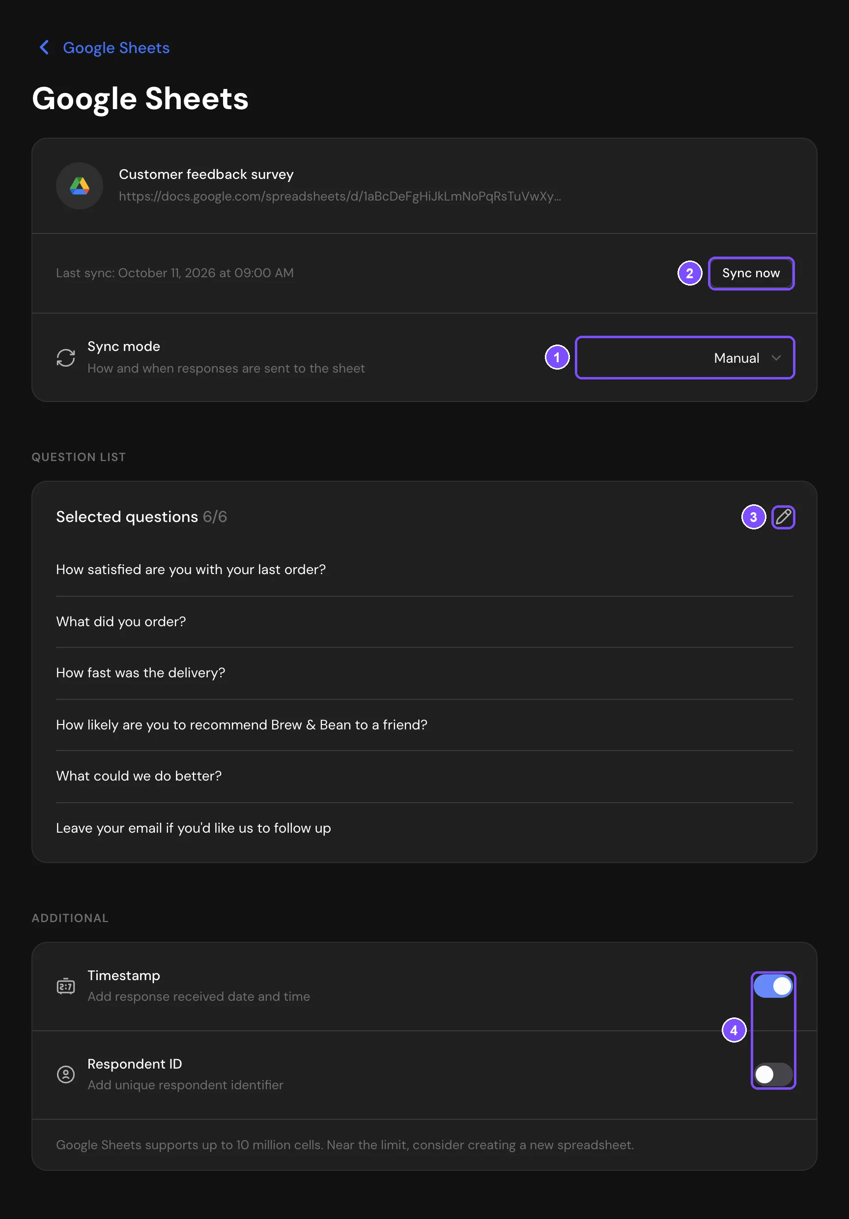 Google Sheets integration settings: sync mode, questions and additional columns