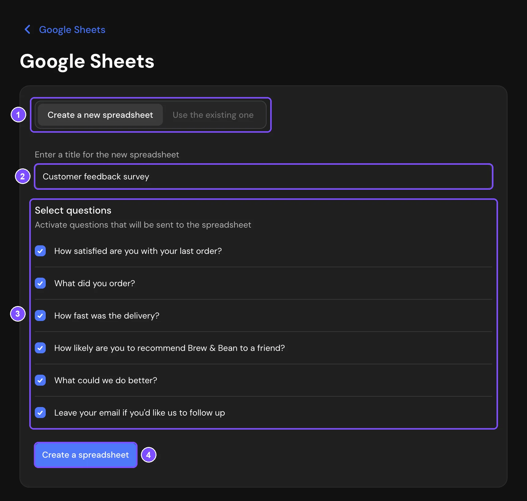 Choosing a spreadsheet: new or existing, with the list of questions