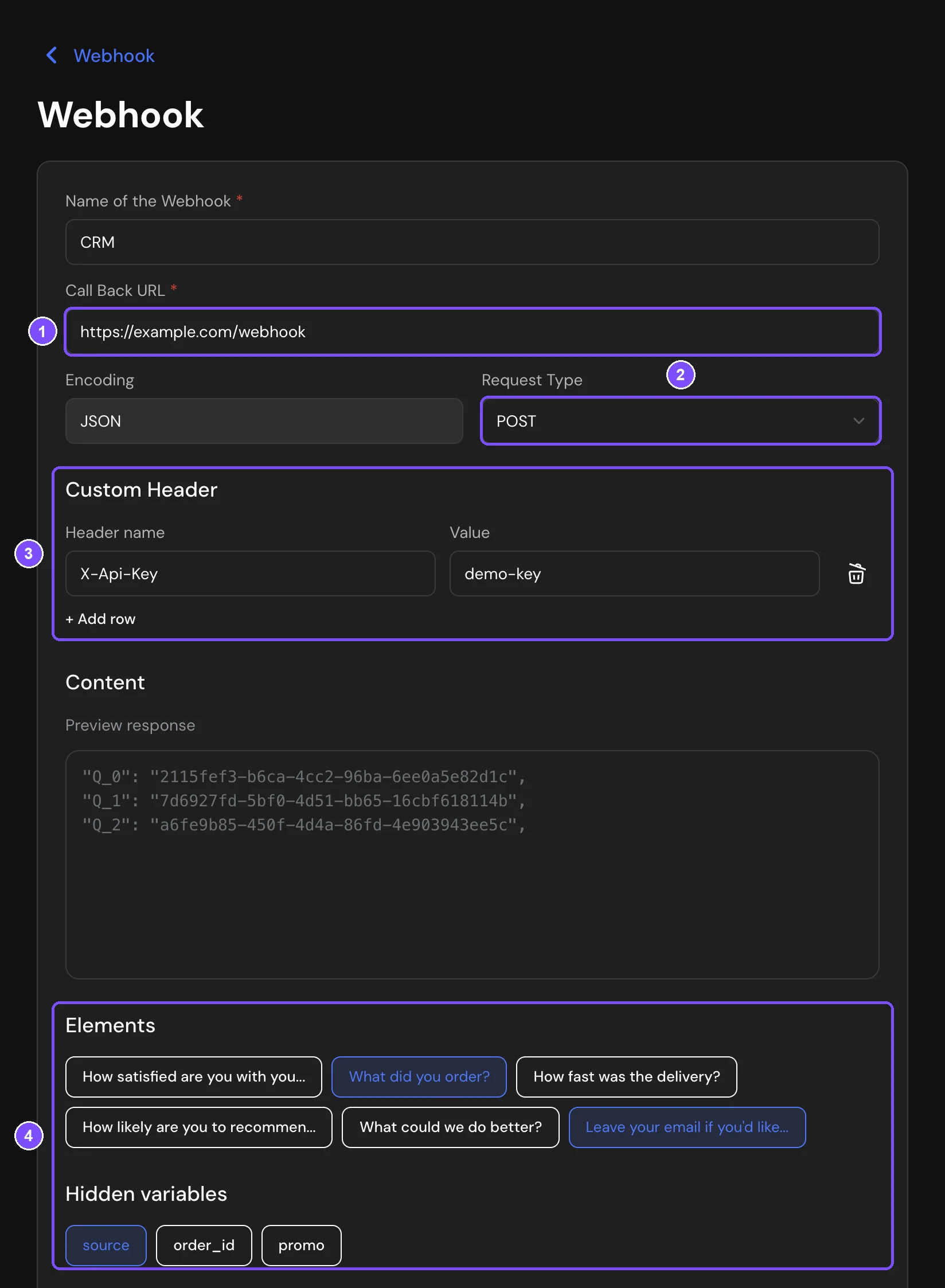 Webhook form with the URL, request type, headers and elements