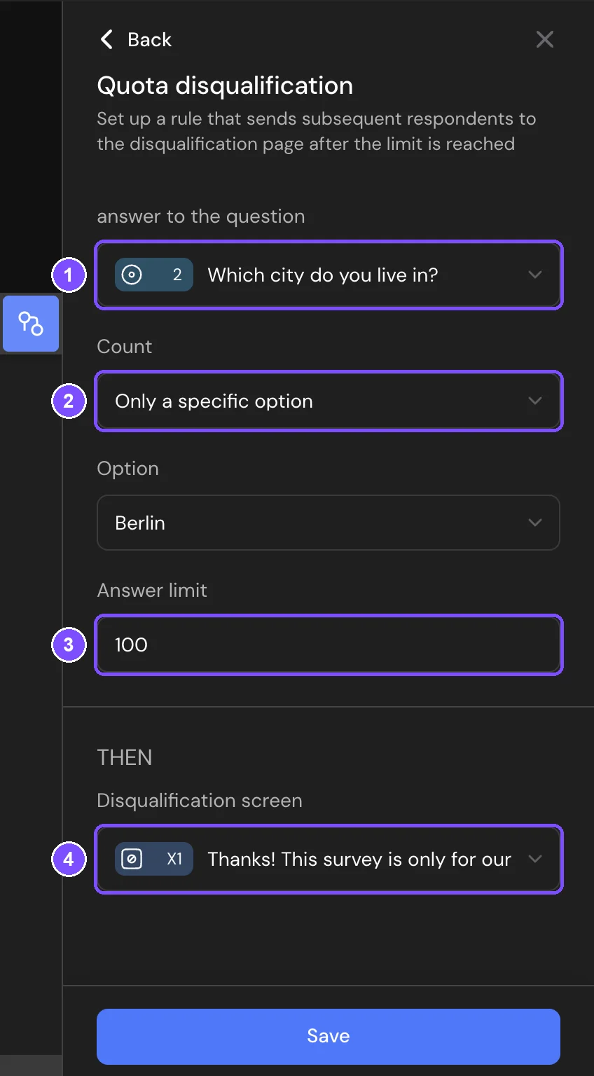 Quota disqualification editor with the question, Count, Option, Answer limit and Disqualification screen fields
