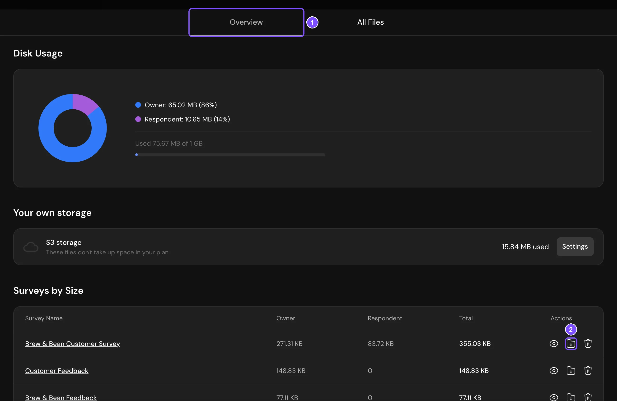 File manager with the Overview tab and the Download button next to a survey