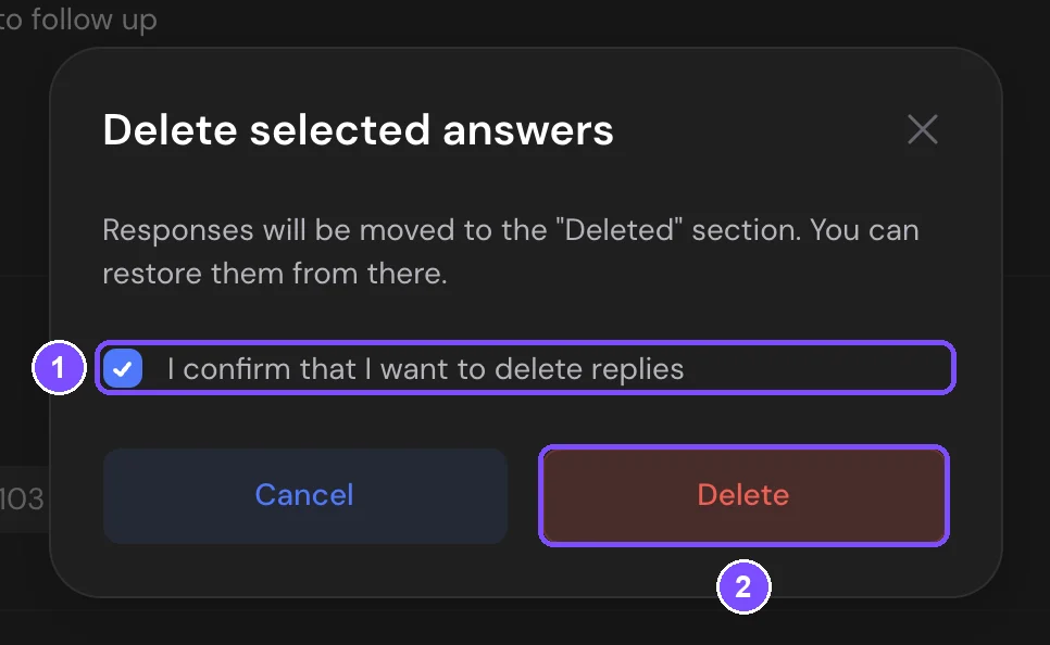 Delete selected answers window with the confirmation checkbox