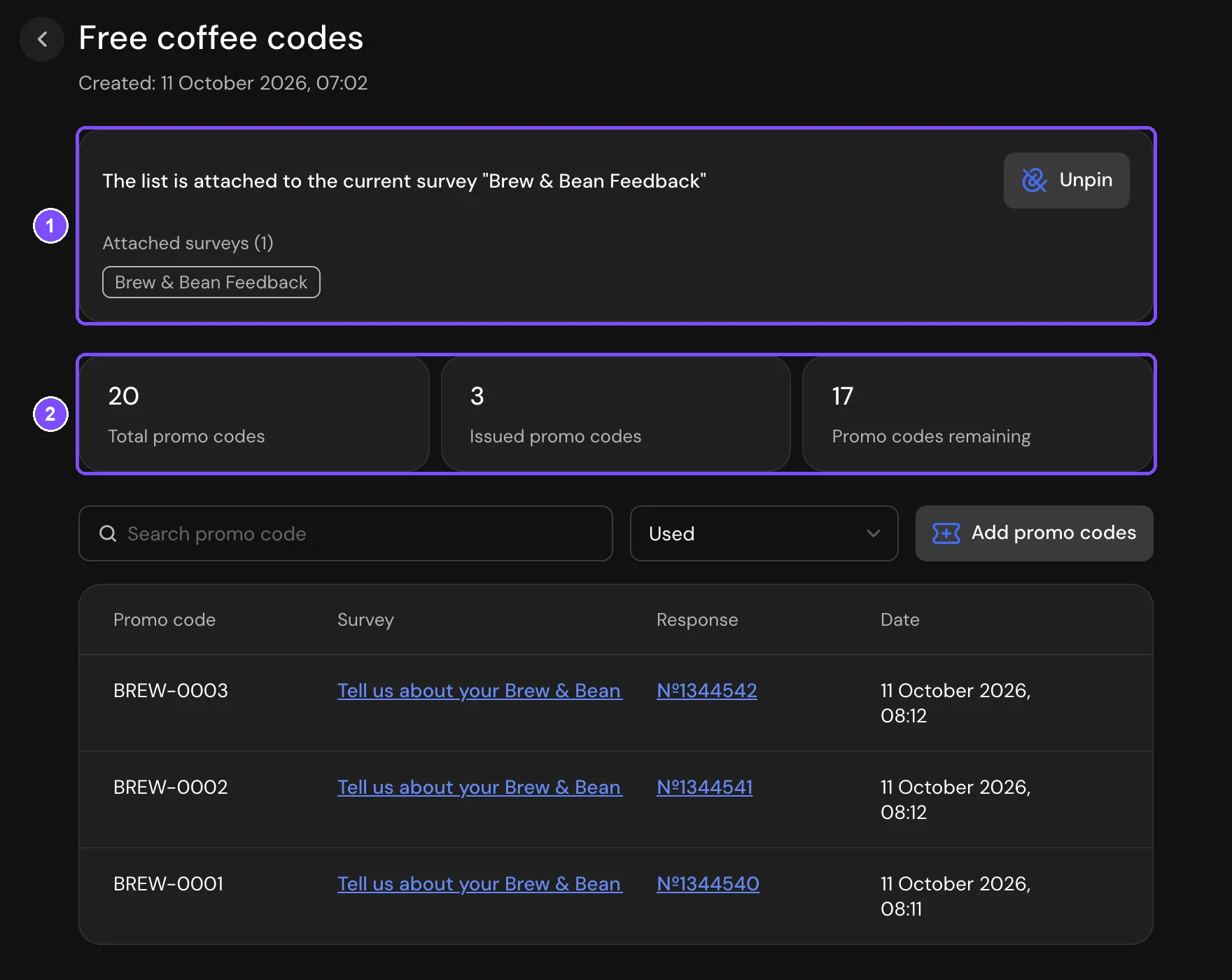 List page with the attached survey, the Unpin button, promo code statistics and the issued codes